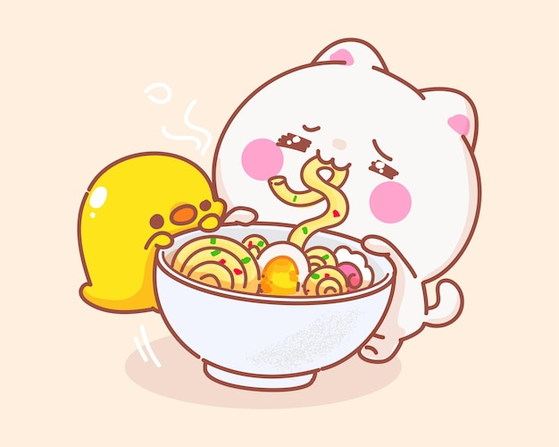 Vector cat eating noodle with duck cartoon illustration