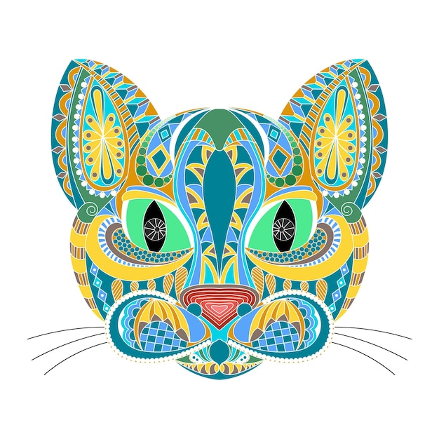 Cat face doodle color stylized cat ornament coloring book