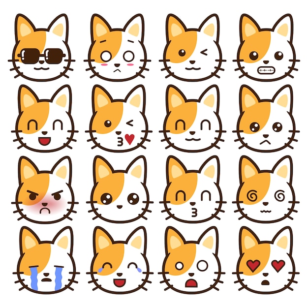 Vettore insieme di raccolta di emoticon di faccia di gatto