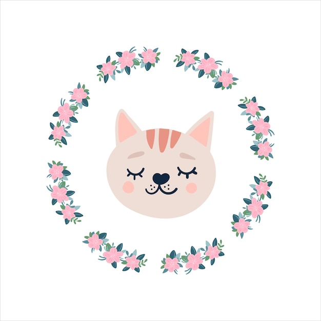 Vector cat face with closed eyes in a round frame of flowers. cute cartoon funny character. mustache
