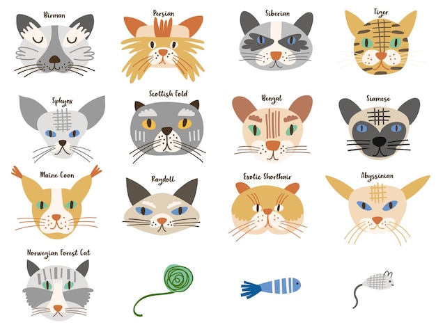 Cat faces clipart. vector illustration.