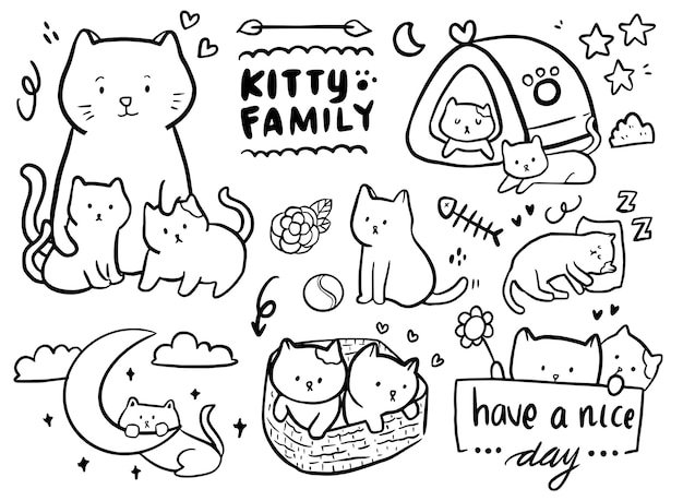 Vector cat family doodle outline drawing set