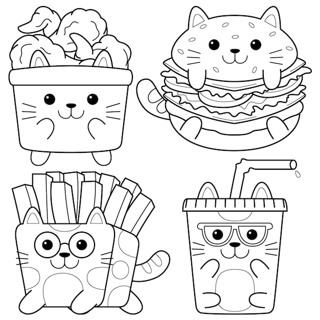 Illustrazione di doodle di vettore degli alimenti a rapida preparazione del gatto