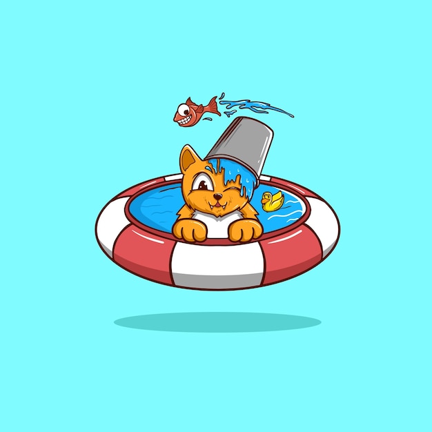 Cat And Fish Swimming Mascot Cartoon