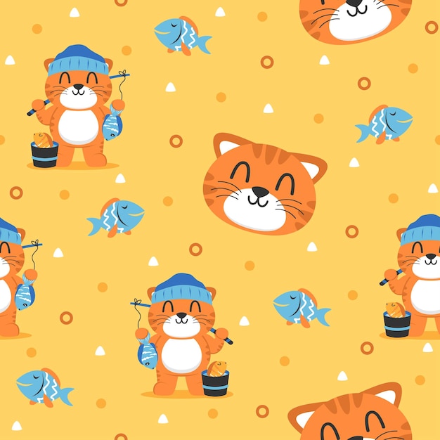 Cat fisher cartoon trendy pattern design concepts
