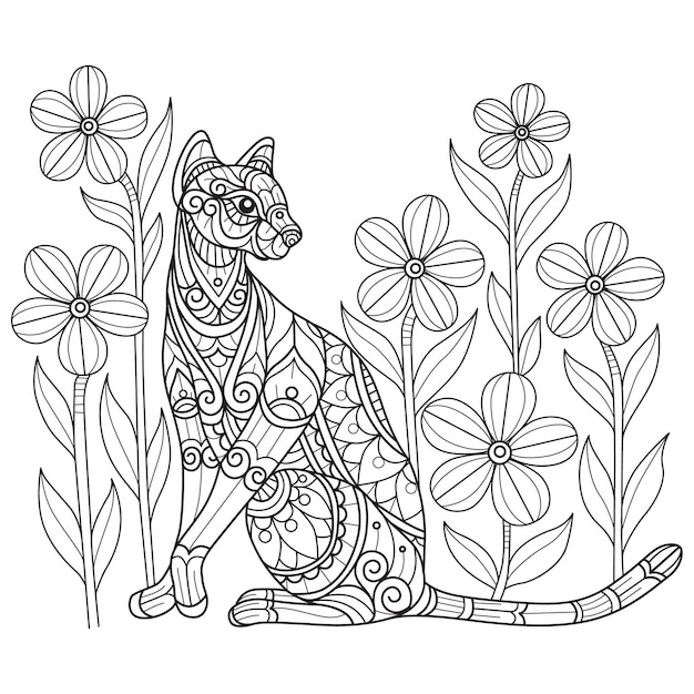 Cat in flower garden hand drawn for adult coloring book