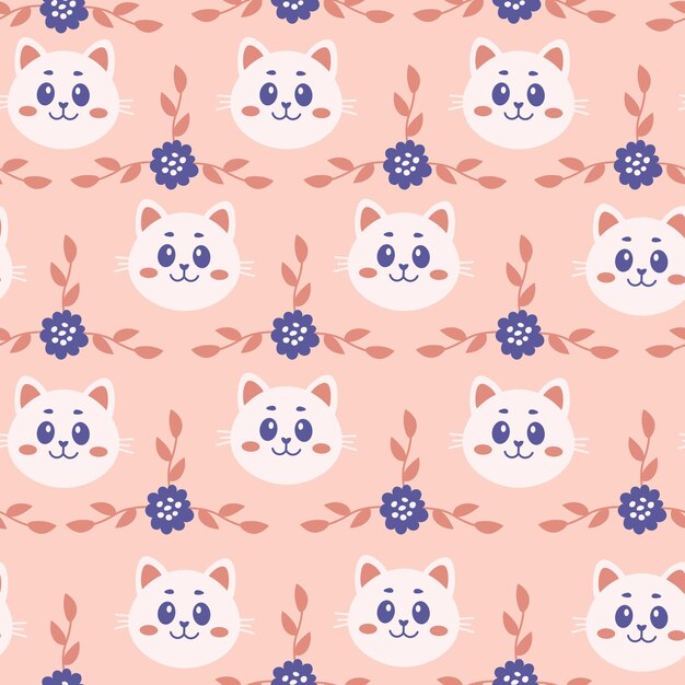 Cat flower twig seamless pattern