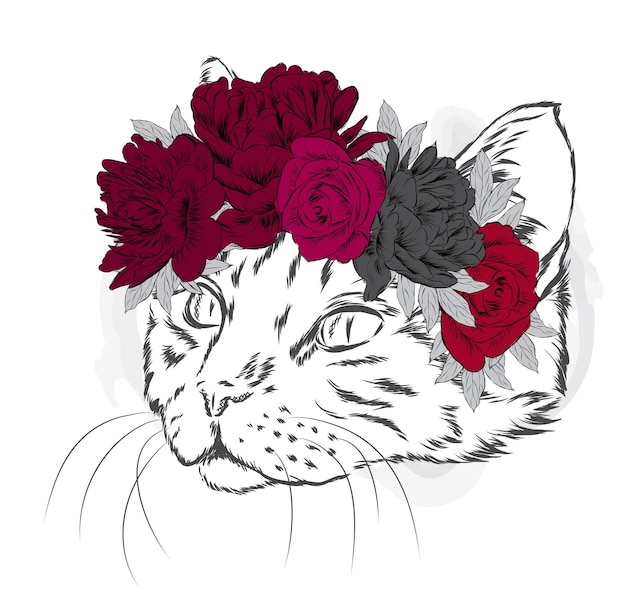 Gatto in una corona di fiori illustrazione vettoriale stampa su una cartolina o un poster