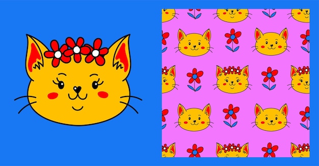 Cat flowers print and seamless pattern