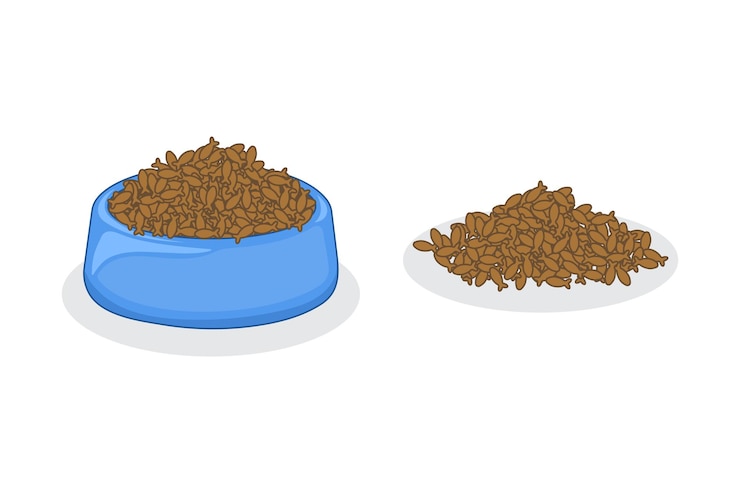 Vector cat food in a bowl with a pile of cat food on the floor