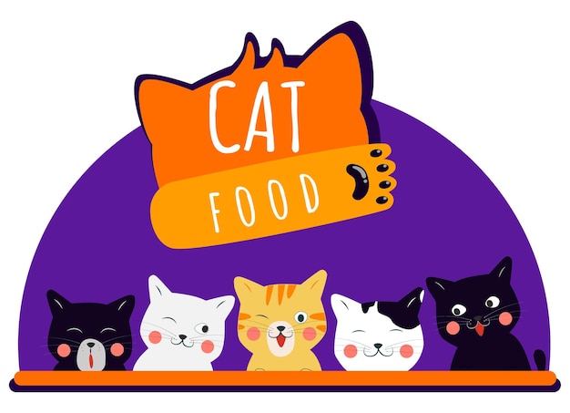 Vector cat food with cute cats waiting for food pet shop sign
