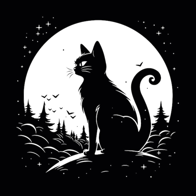 Cat in the forest at night with full moon