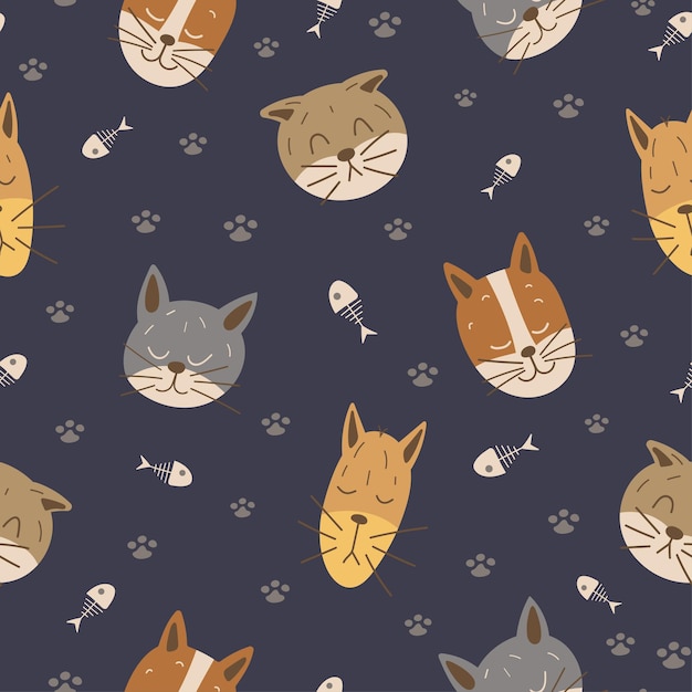 Cat funny feline seamless pattern. Cats heads and fish skeletons on gray dark background