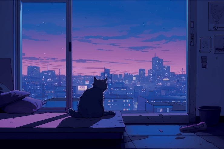 Vector cat gazing cityscape twilight