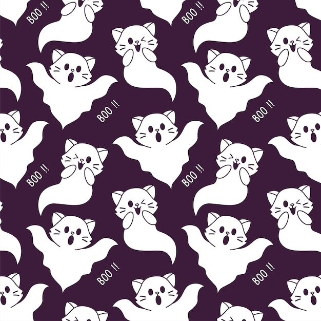 Cat ghost halloween seamless pattern