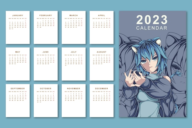 modelo de calendário mensal 2023 com garotas de anime 16468829