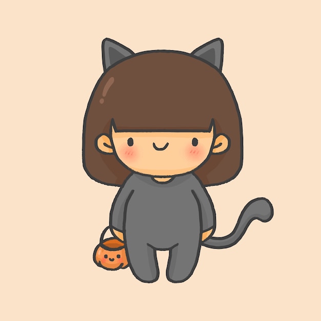 Stile disegnato a mano del fumetto di halloween del costume del bambino della ragazza del gatto