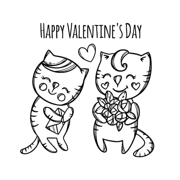 고양이는 사랑하는 키티에게 꽃을 선물합니다. 행복한 발렌타인 데이. 만화 동물 흑백 손으로 그린 그림