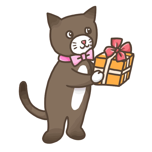 Cat giving gift vector cartoon clipart anime cute character illustration drawing kawaii design