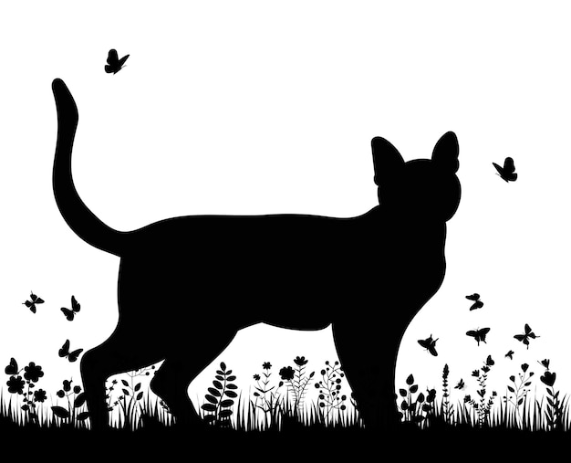 Gatto nell'erba nera silhouette vettore isolato