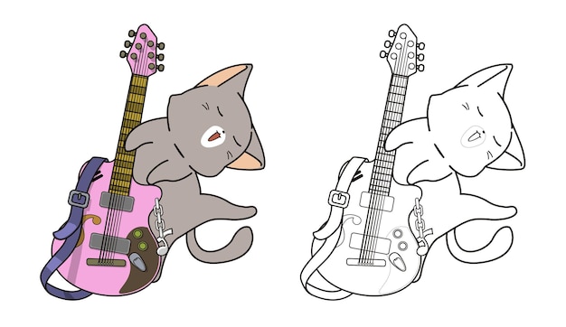 Cat and guitar cartoon coloring page