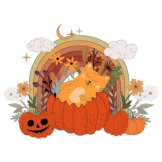 Cat and Halloween. Autumn. sticker. Card. Kitty. Pumpkin and flowers. Jack. doodle. Flat style.