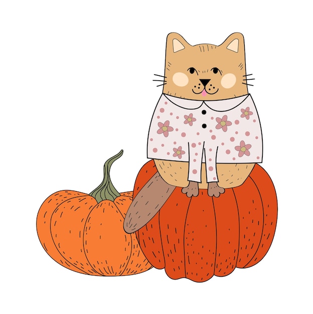 猫とハロウィン。秋。ステッカー。カード。キティ。かぼちゃとお花。ジャック。いたずら書き。フラット スタイル。