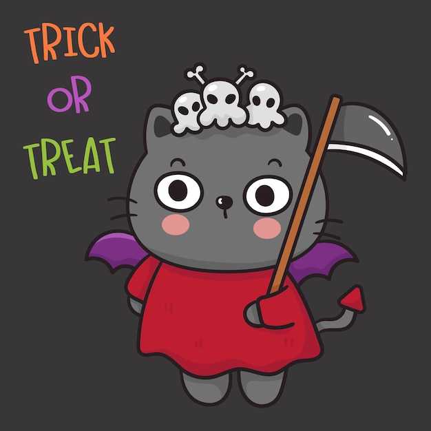 Vector cat halloween devil costume with skull