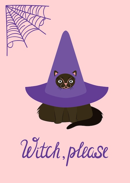 A cat in a Halloween witch costume Halloween concept cute vector illustration