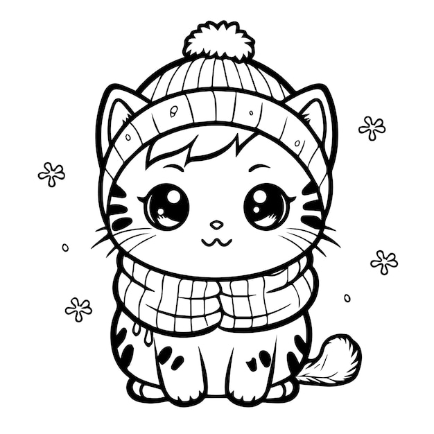 A cat in a hat and Scarf coloring page for kids