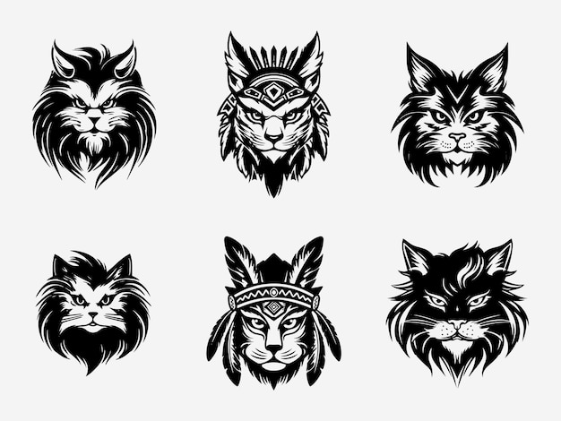 cat head black and white illustration logo set