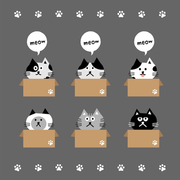 Cat head emoji vector line illustration of various cats sitting in cardboard boxes for adoption