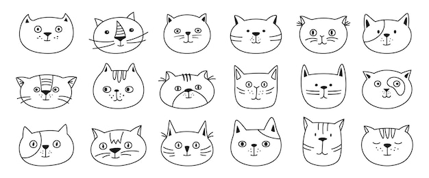 Cute cat icon set line kitten face head body Vector Image