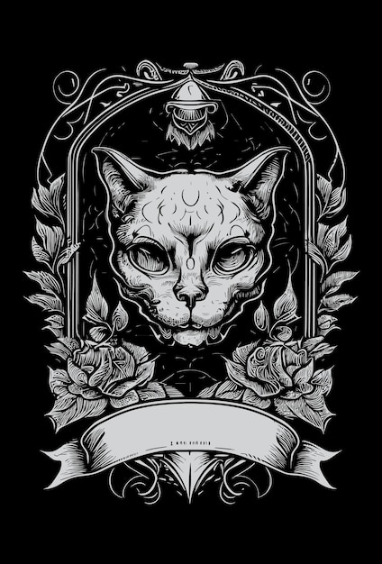 cat head logo with heraldic banner for copy space illustration