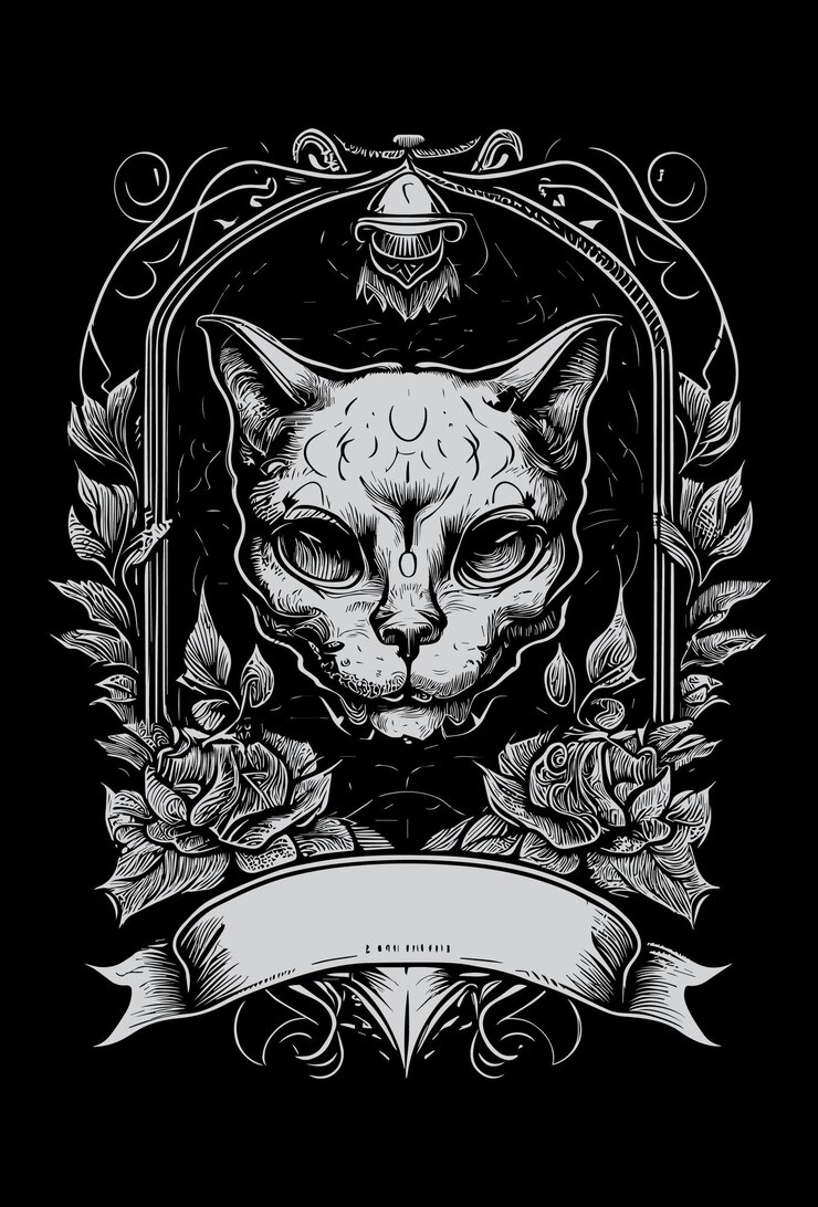 Vector cat head logo with heraldic banner for copy space illustration