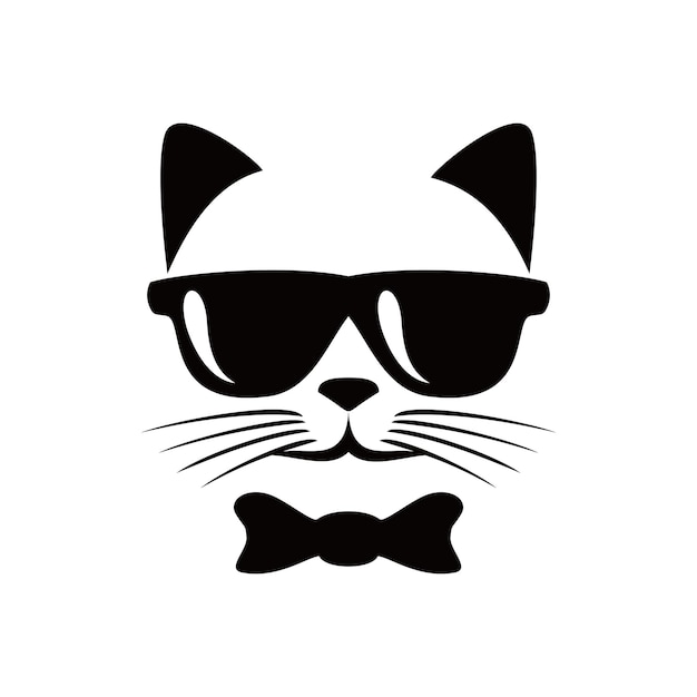 cat head silhouette logo design template. cat with glasses and ribbon icon, sign and symbol.