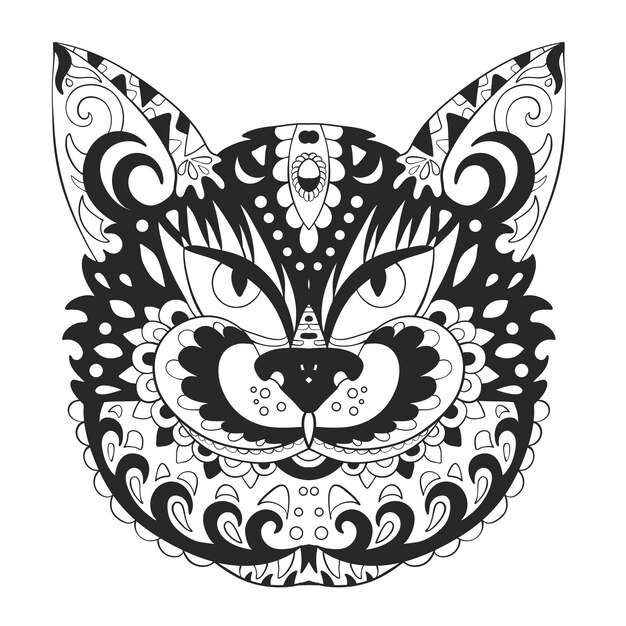 Голова кошки на белом фоне Печать дзен-каракулей Векторная иллюстрация