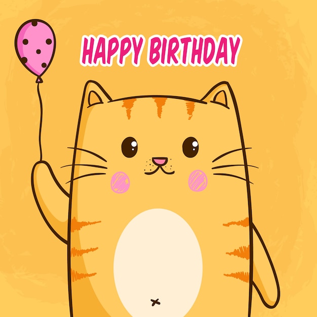 Vector cat holding balloon with kawaii epression on orange