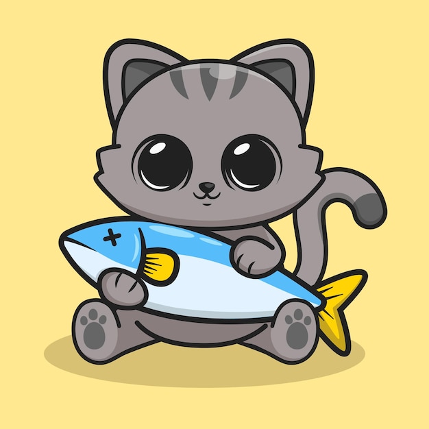 Cat holding fish illustration