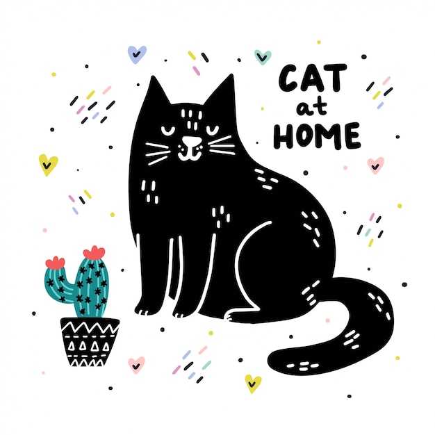 Cat at home funny print with hand drawn lettering.