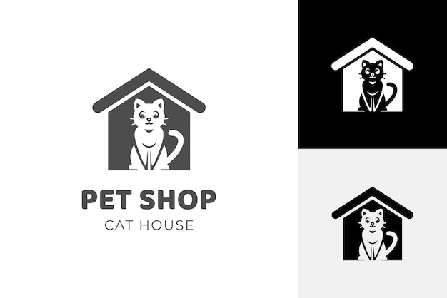 애완 동물 가게 로고 고양이 식품 가게 로고 디자인에 대한 고양이 집 실루엣 로고 그림