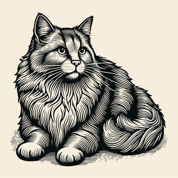 Vector cat illustration with engraving style