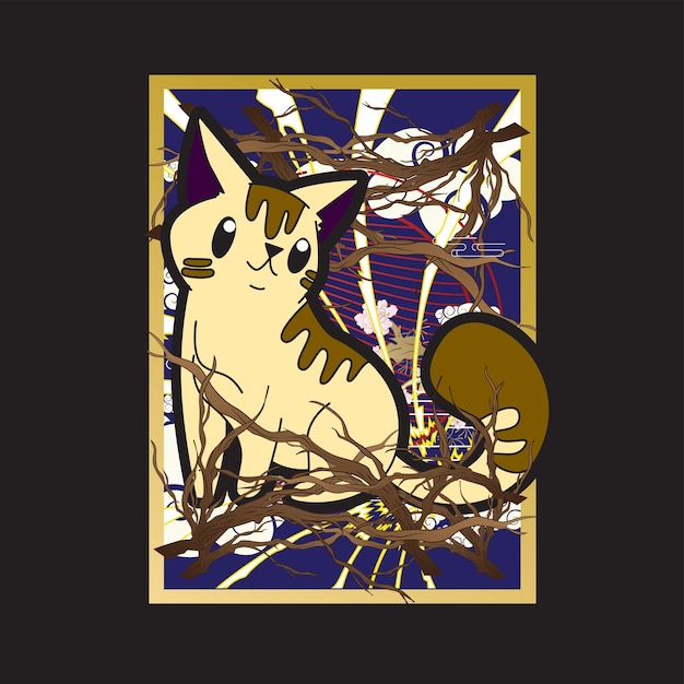Иллюстрация кошки с фоном в японском стиле для логотипа, этикеток и фона