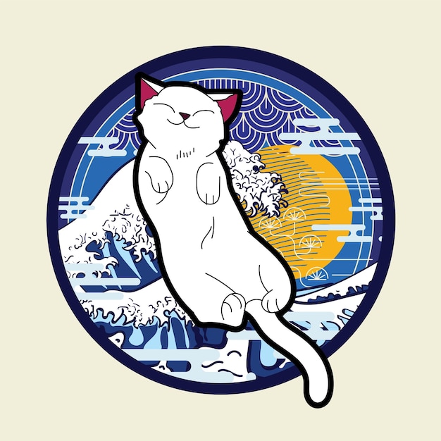 日本風の背景を持つ猫のイラスト