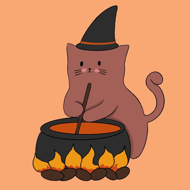 魔女の帽子をかぶった猫がポーションを醸造するイラスト