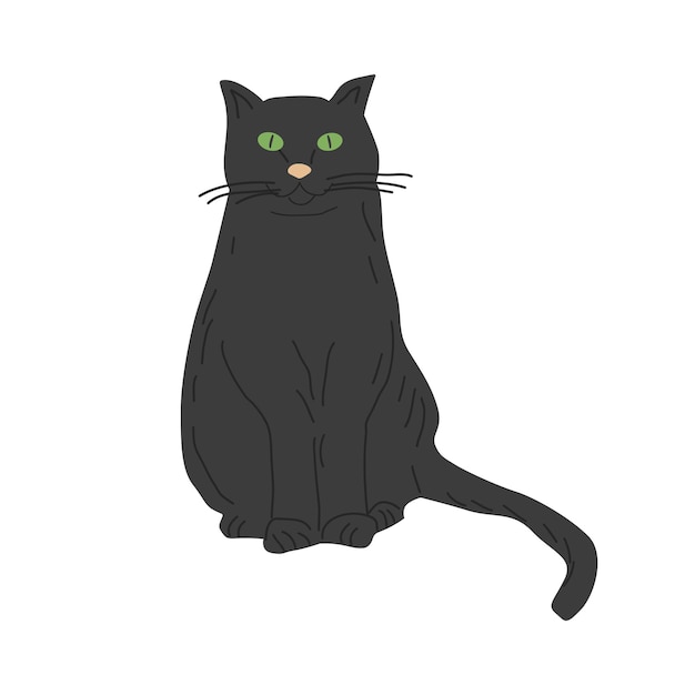Кошка нарисована в положении сидя. Кошка черная. Дизайн баннера, плаката. Зоомагазин и зоомагазин. Векторная плоская иллюстрация.