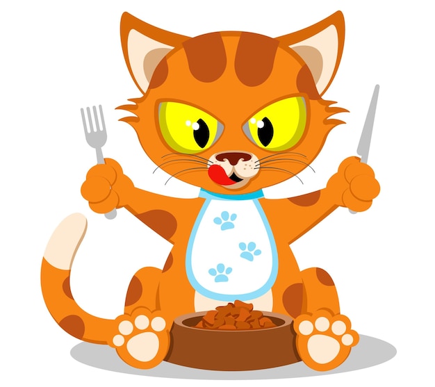 고양이는 포크와 나이프로 그릇에서 음식을 먹고 있습니다.