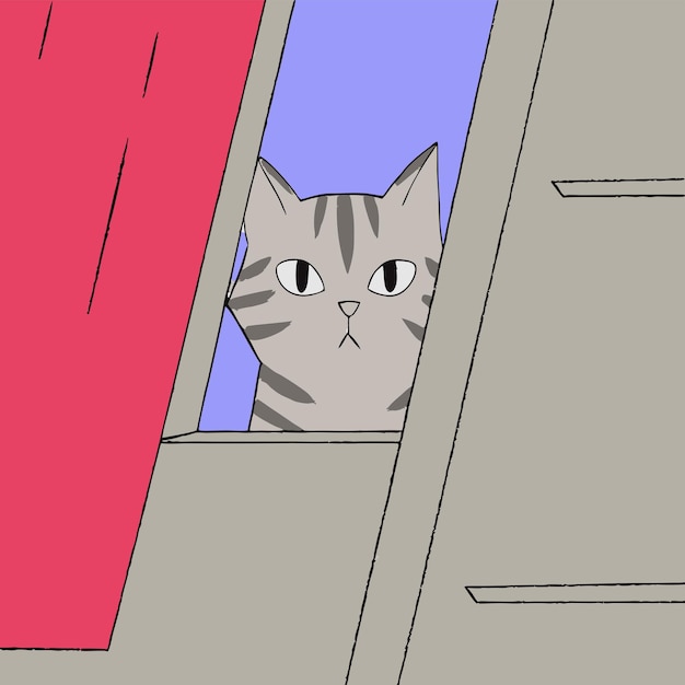 a cat is looking out of a window and has a red and purple background