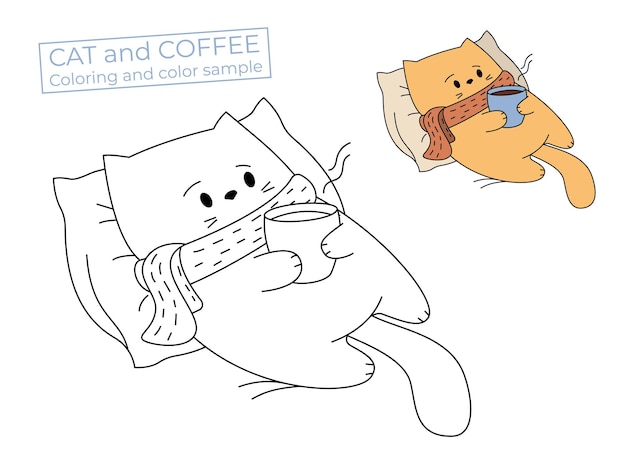 The cat is lying on the couch with a cup of coffee Coloring book
