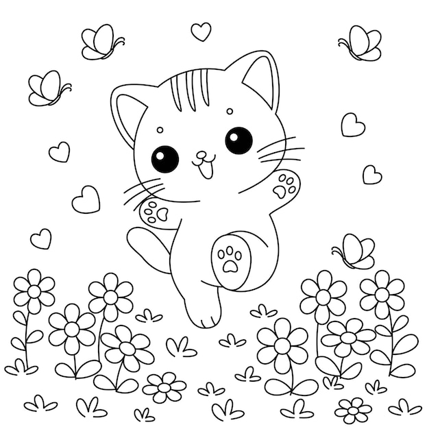 The cat is playing happily in the flower garden coloring page